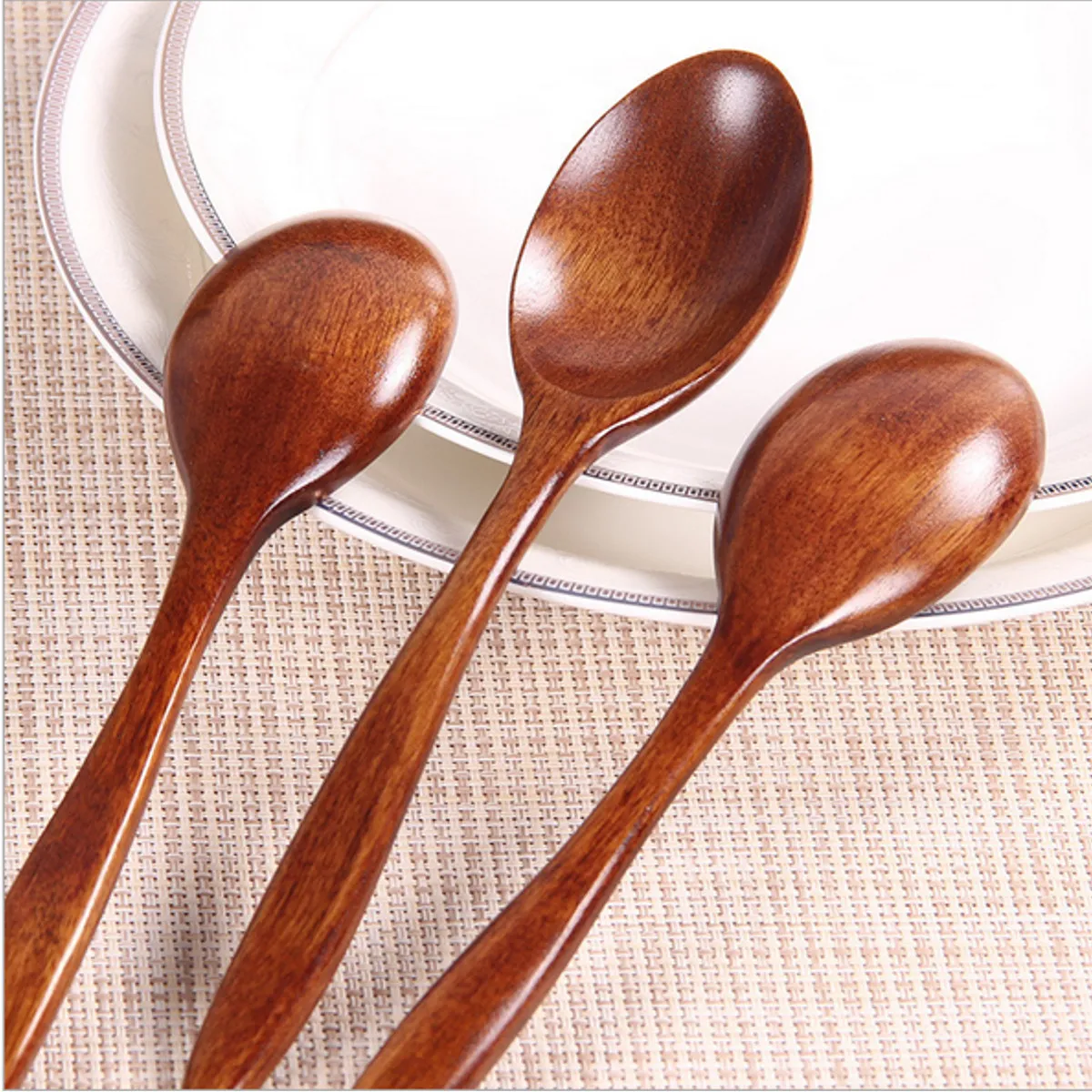 5Pcs Wooden Cooking Kitchen Utensil Coffee Tea Ice Cream Soup Caterin Spoon Tool