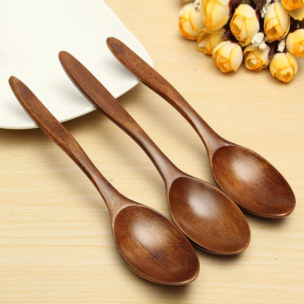 5Pcs Wooden Cooking Kitchen Utensil Coffee Tea Ice Cream Soup Caterin Spoon Tool