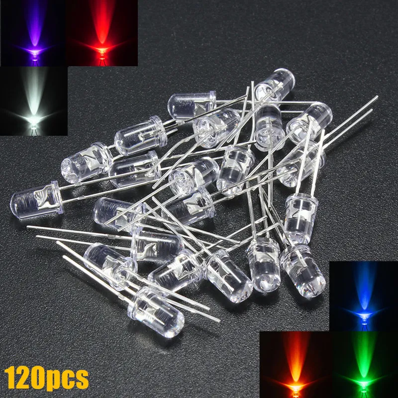 120pcs 5mm White Red Blue Green Yellow Purple LED Light Bulb Emitting Diode Lamp