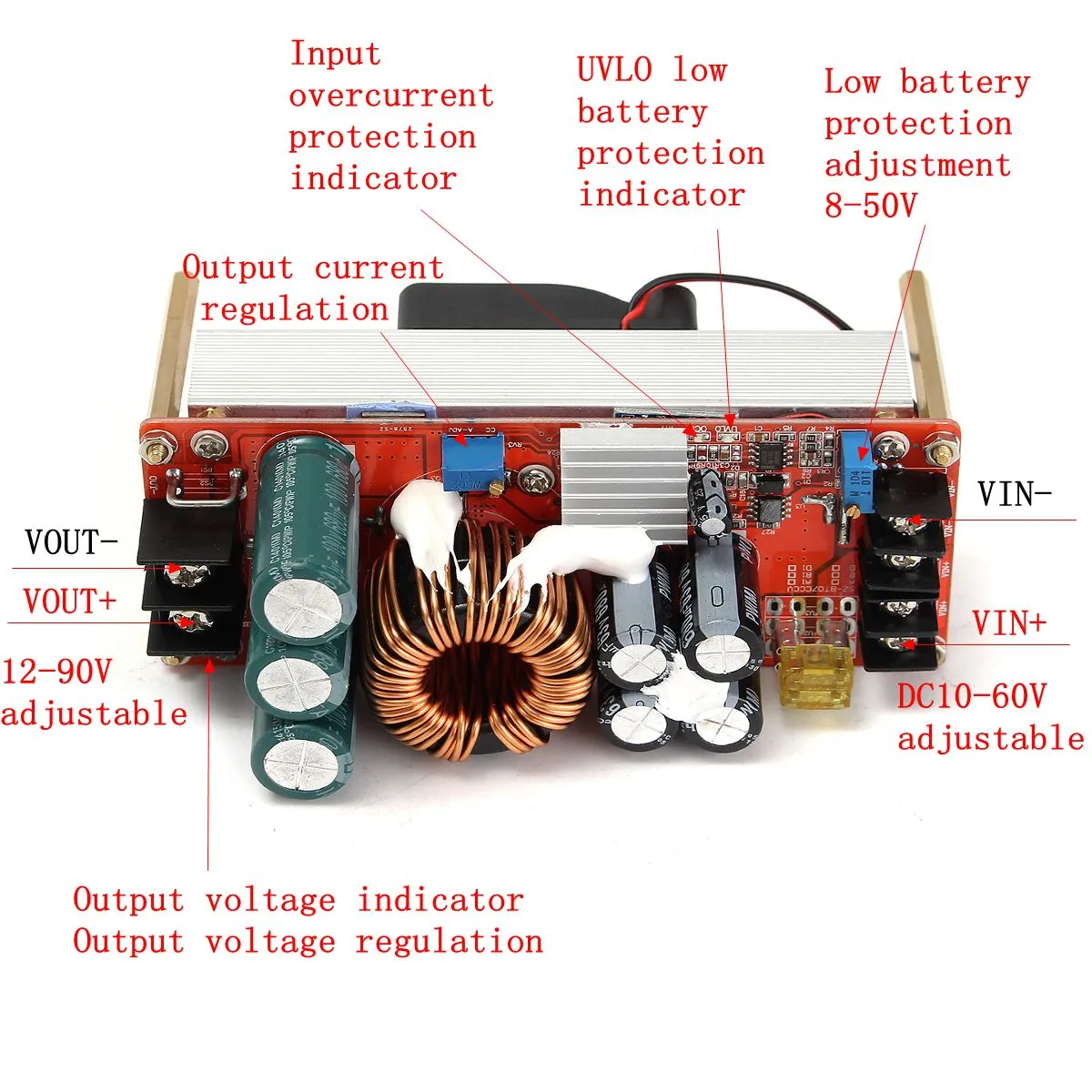 DC10-60V 30A 1500W To 12-90V Boost Converter Step Up Power Supply Module