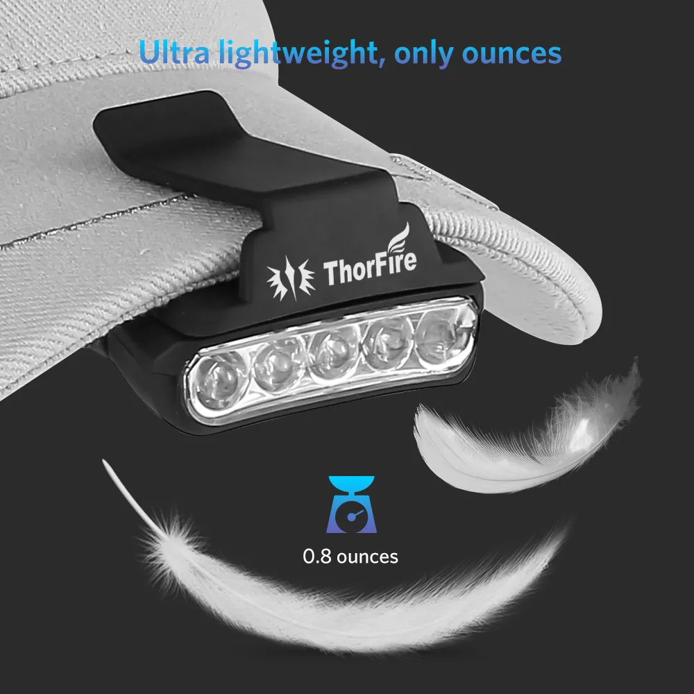 ThorFire 30LM 5-LED Hat Clip Light Hands Free Rotatable Ball Cap Visor Light Perfect for Hunting Camping Fishing