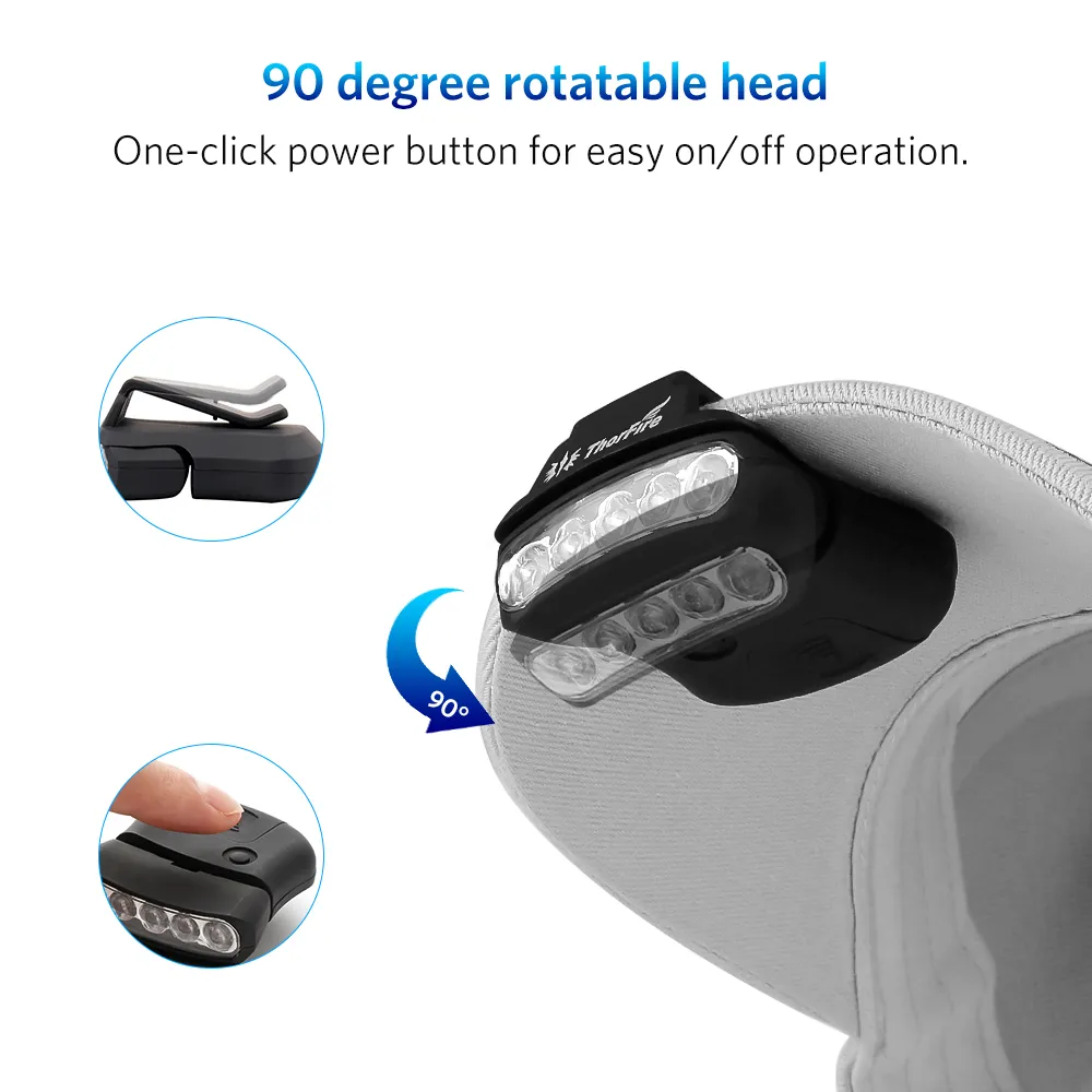 ThorFire 30LM 5-LED Hat Clip Light Hands Free Rotatable Ball Cap Visor Light Perfect for Hunting Camping Fishing