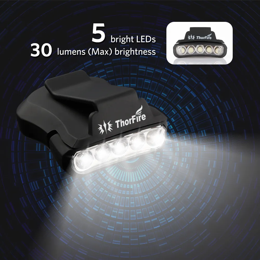 ThorFire 30LM 5-LED Hat Clip Light Hands Free Rotatable Ball Cap Visor Light Perfect for Hunting Camping Fishing
