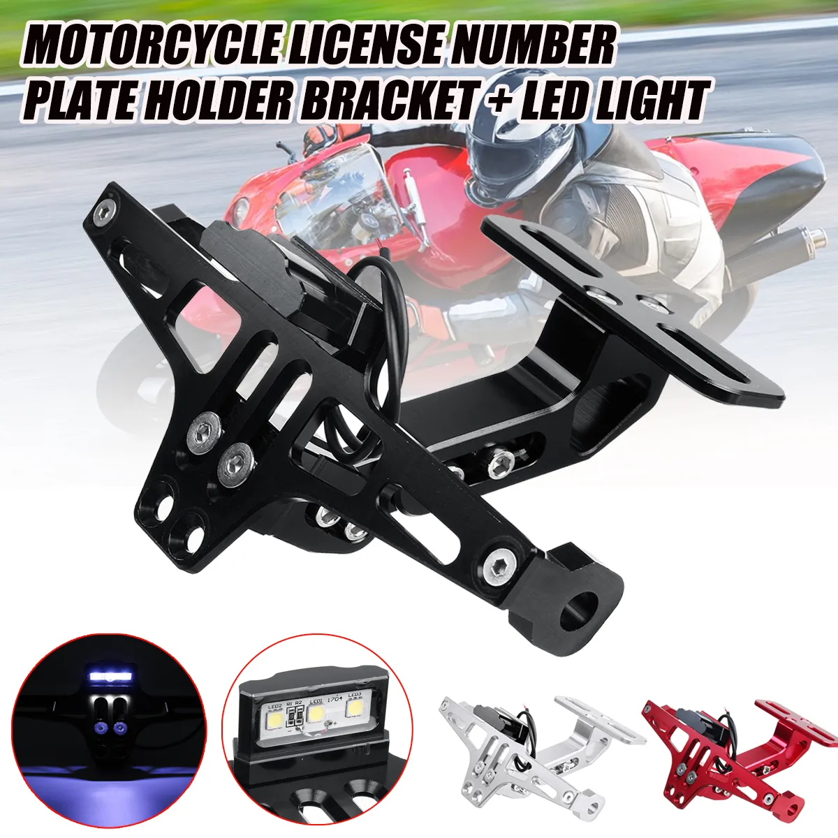 12V CNC Motorcycle Alloy License Number Plate Holder Bracket LED Lights Universal