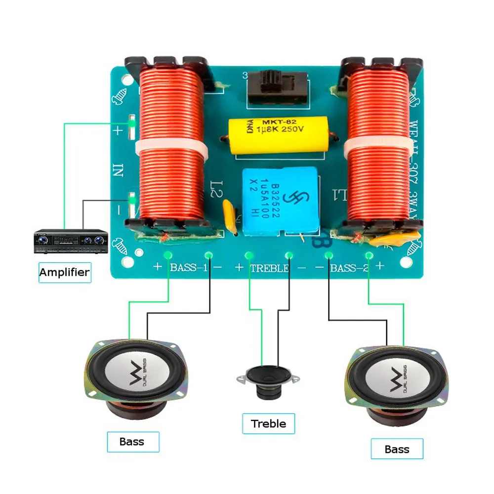 WEAH-307 3 Way Audio Speaker Crossover 100W Filter Treble Mediant Bass Frequency Divider Module