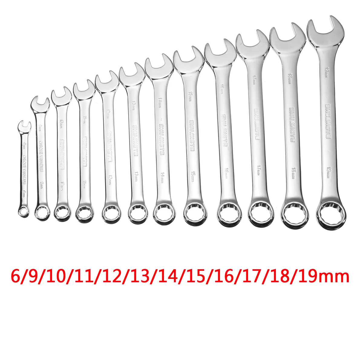 12pcs Spanners Wrench Chrome Vanadium Steel Polished Tool Set Kit 6-19mm