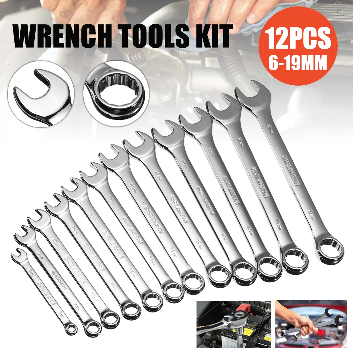 12pcs Spanners Wrench Chrome Vanadium Steel Polished Tool Set Kit 6-19mm