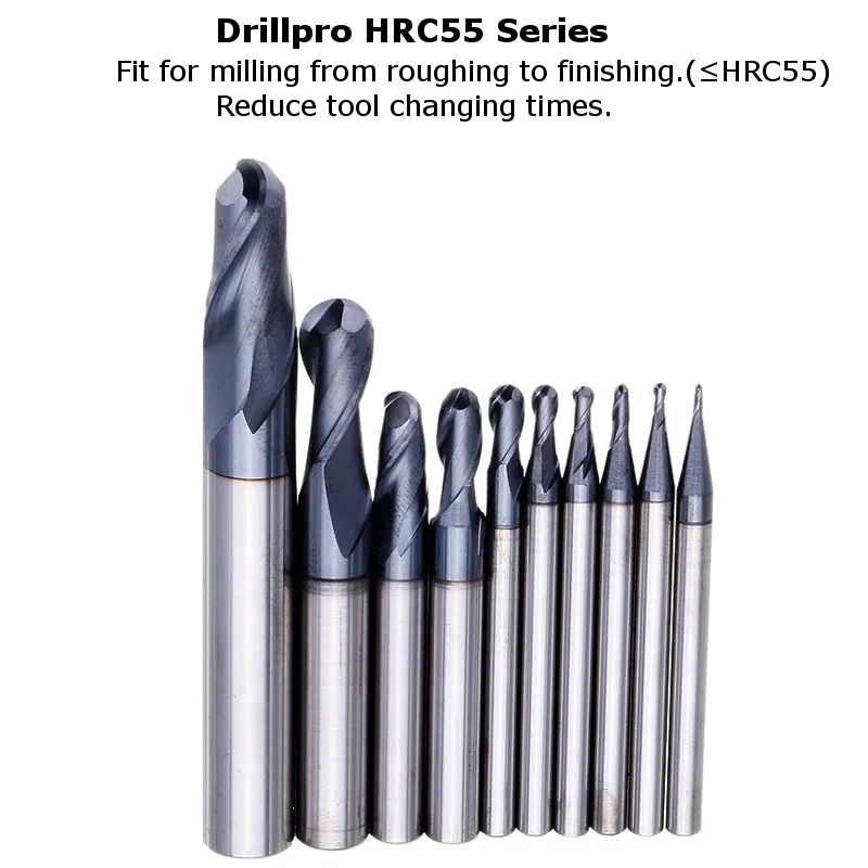 Drillpro R0.5-R5mm Ball Nose Tungsten Carbide End Mill Cutter HRC55 TiAlN Coating End Milling Cutter CNC Tool
