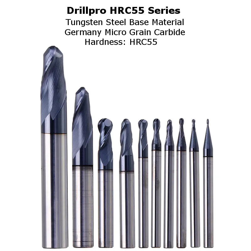 Drillpro R0.5-R5mm Ball Nose Tungsten Carbide End Mill Cutter HRC55 TiAlN Coating End Milling Cutter CNC Tool