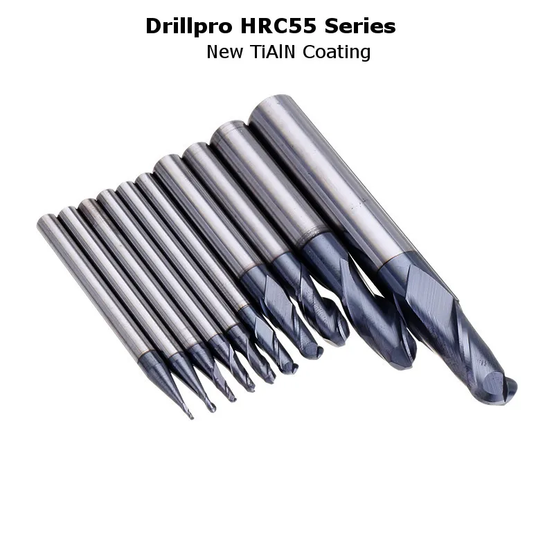 Drillpro R0.5-R5mm Ball Nose Tungsten Carbide End Mill Cutter HRC55 TiAlN Coating End Milling Cutter CNC Tool