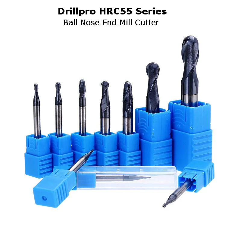Drillpro R0.5-R5mm Ball Nose Tungsten Carbide End Mill Cutter HRC55 TiAlN Coating End Milling Cutter CNC Tool