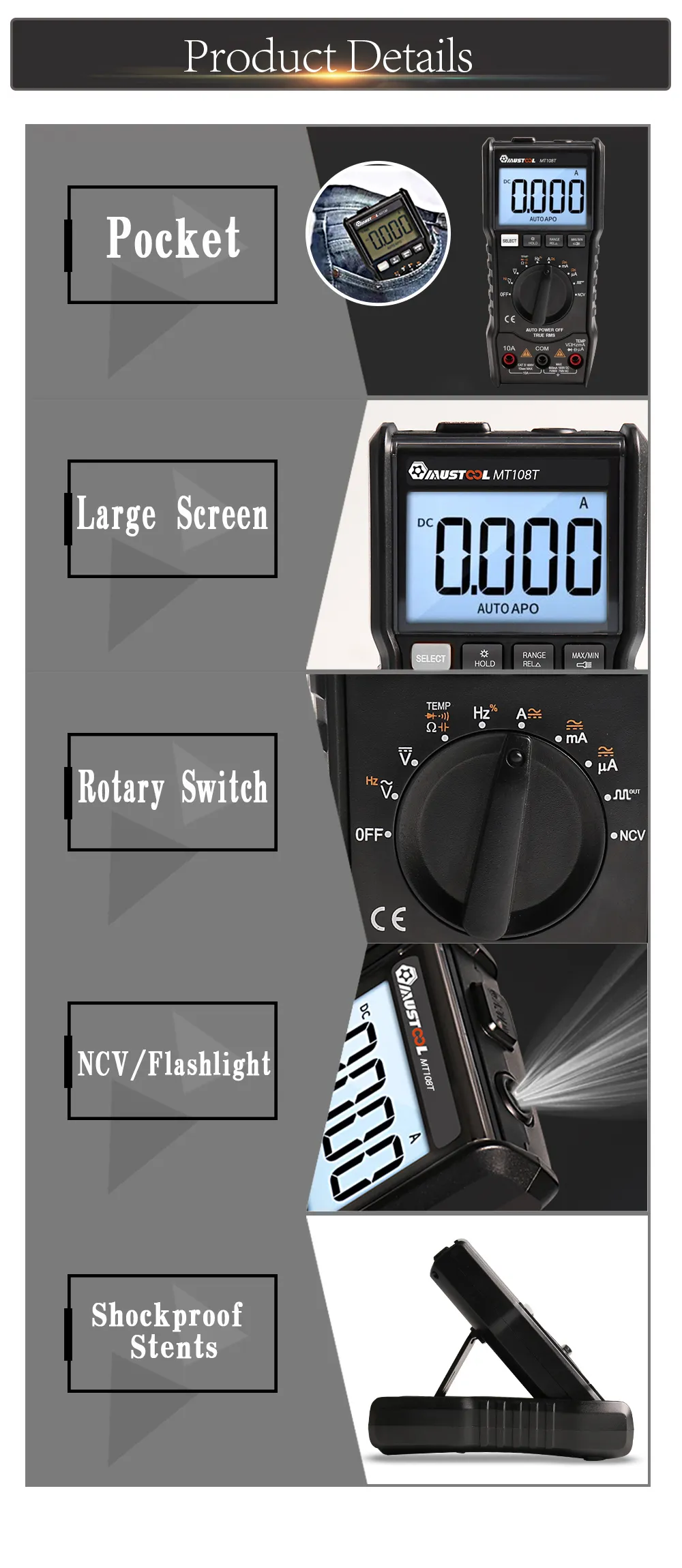 MUSTOOL MT108T True RMS NCV Temperature Tester Digital Multimeter 6000 Counts Backlight AC DC Current/Voltage Resistance Frequency Capacitance