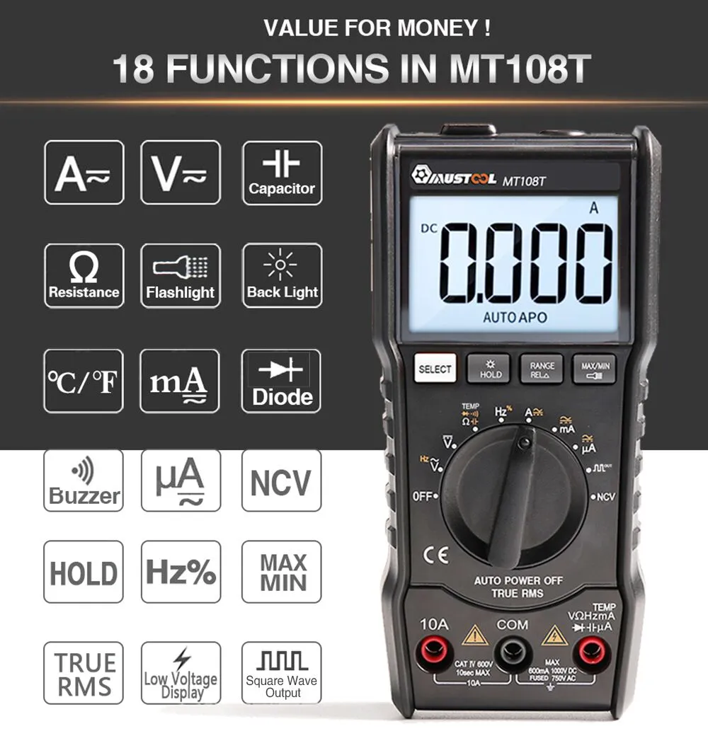 MUSTOOL MT108T True RMS NCV Temperature Tester Digital Multimeter 6000 Counts Backlight AC DC Current/Voltage Resistance Frequency Capacitance