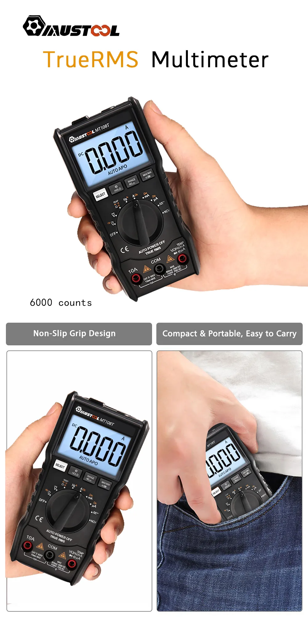 MUSTOOL MT108T True RMS NCV Temperature Tester Digital Multimeter 6000 Counts Backlight AC DC Current/Voltage Resistance Frequency Capacitance