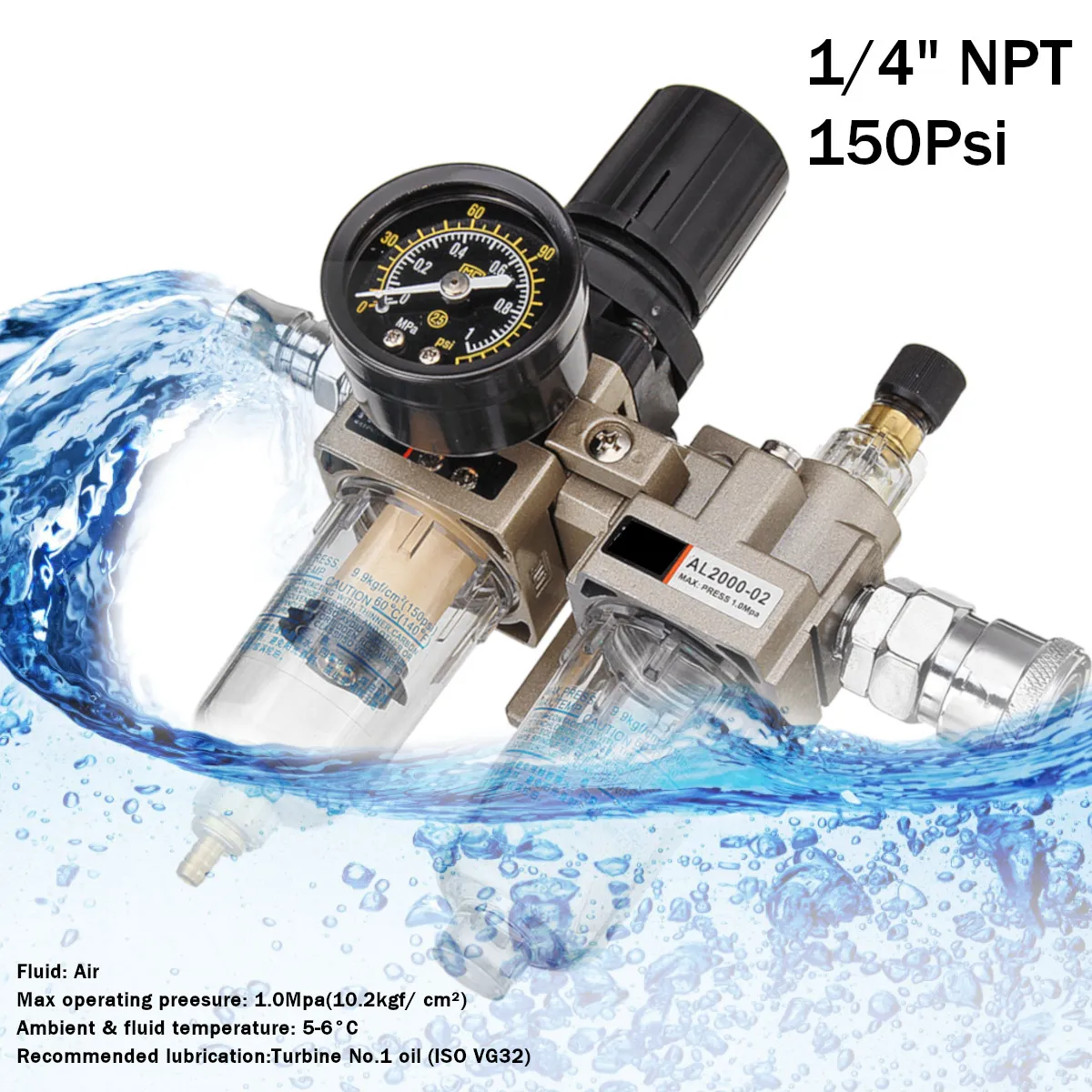 150Psi Manual Pneumatic Air Pressure Filter Regulator Compressor Oil Water Separator