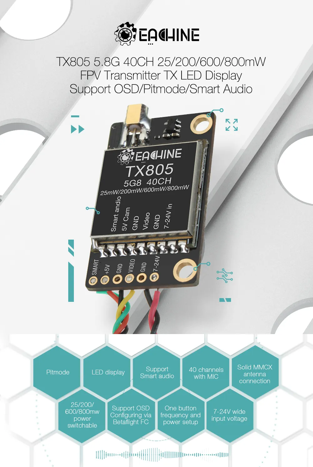 Eachine TX805 5.8G 40CH 25mW 200mW 600mW 800mW FPV Transmitter TX LED Display Support OSD Pitmode Smart Audio Eachine TX805 5.8G 40CH 25mW 200mW 600mW 800mW FPV Transmitter TX LED Display Support OSD Pitmode Smart Audio