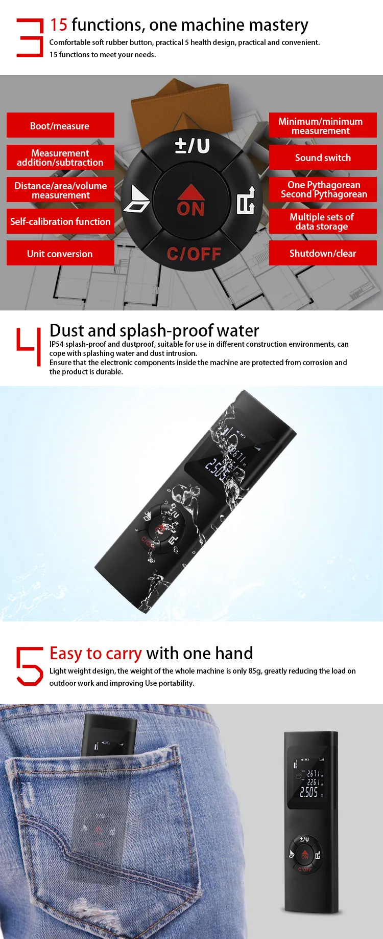 Handheld Electronic 40M Laser Distance Meter Mini Laser Rangefinder m/in/ft IP54 Waterproof