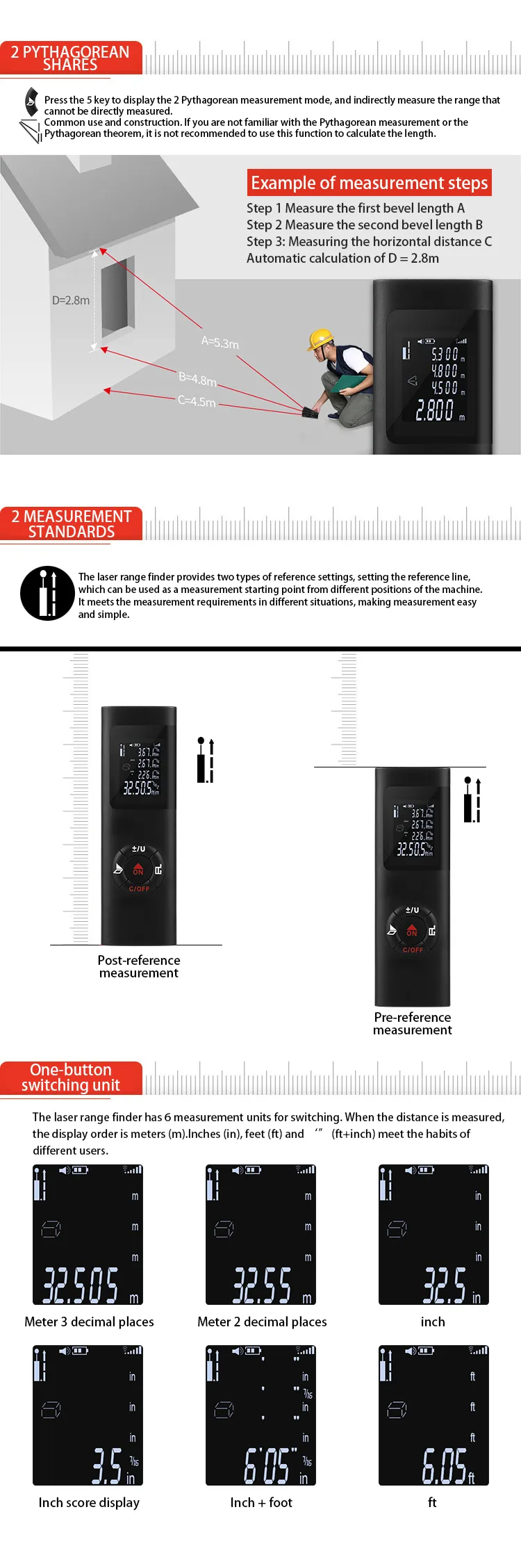 Handheld Electronic 40M Laser Distance Meter Mini Laser Rangefinder m/in/ft IP54 Waterproof