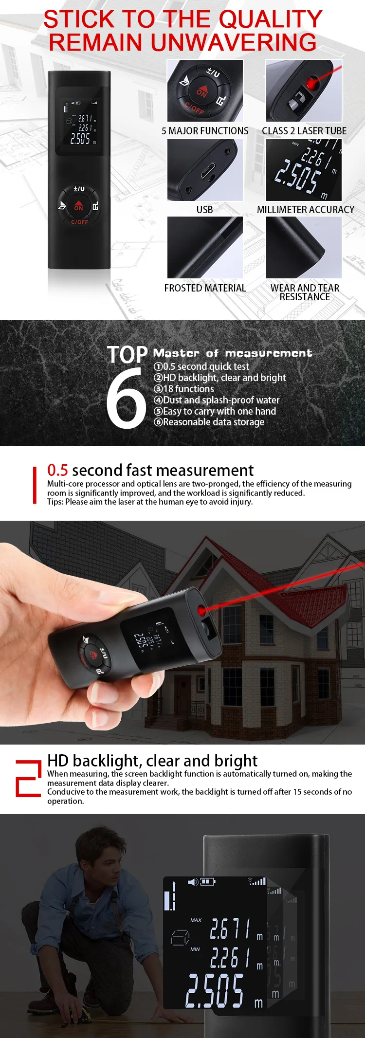 Handheld Electronic 40M Laser Distance Meter Mini Laser Rangefinder m/in/ft IP54 Waterproof