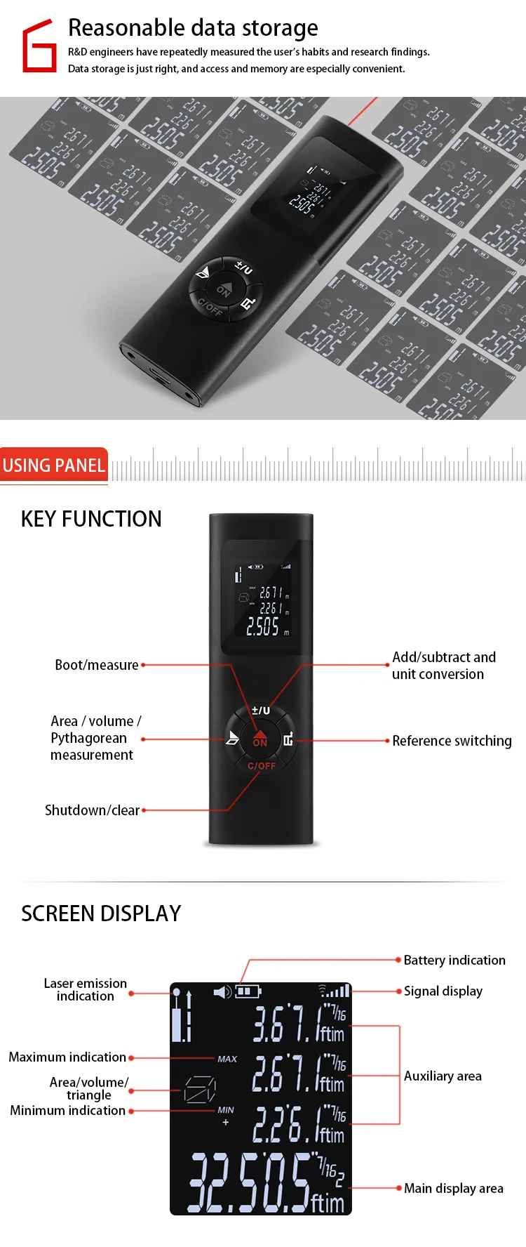 Handheld Electronic 40M Laser Distance Meter Mini Laser Rangefinder m/in/ft IP54 Waterproof