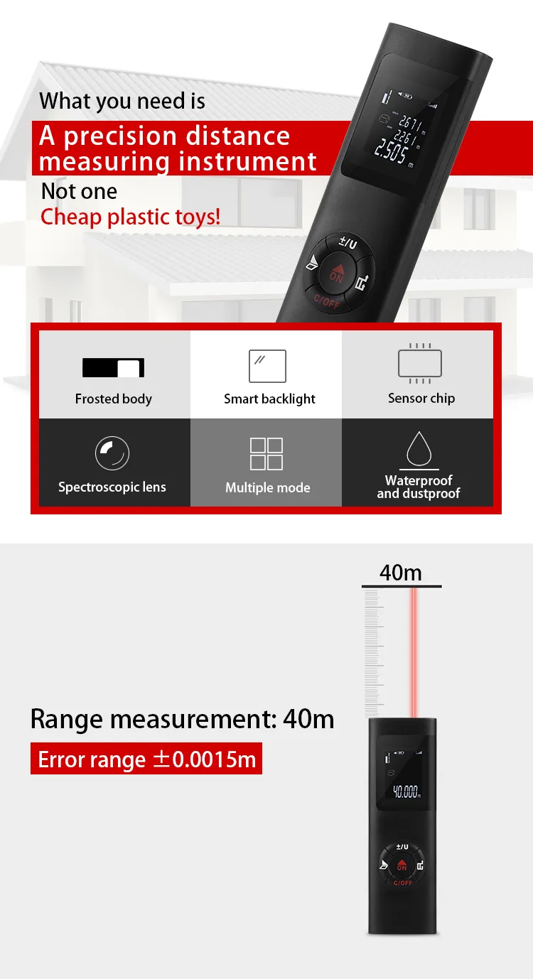 Handheld Electronic 40M Laser Distance Meter Mini Laser Rangefinder m/in/ft IP54 Waterproof