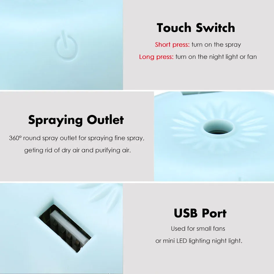 DC 5V 2W USB Humidifier 200mL Air Purify Water Meter Cooler Fan Mushroom Night Light Lamp