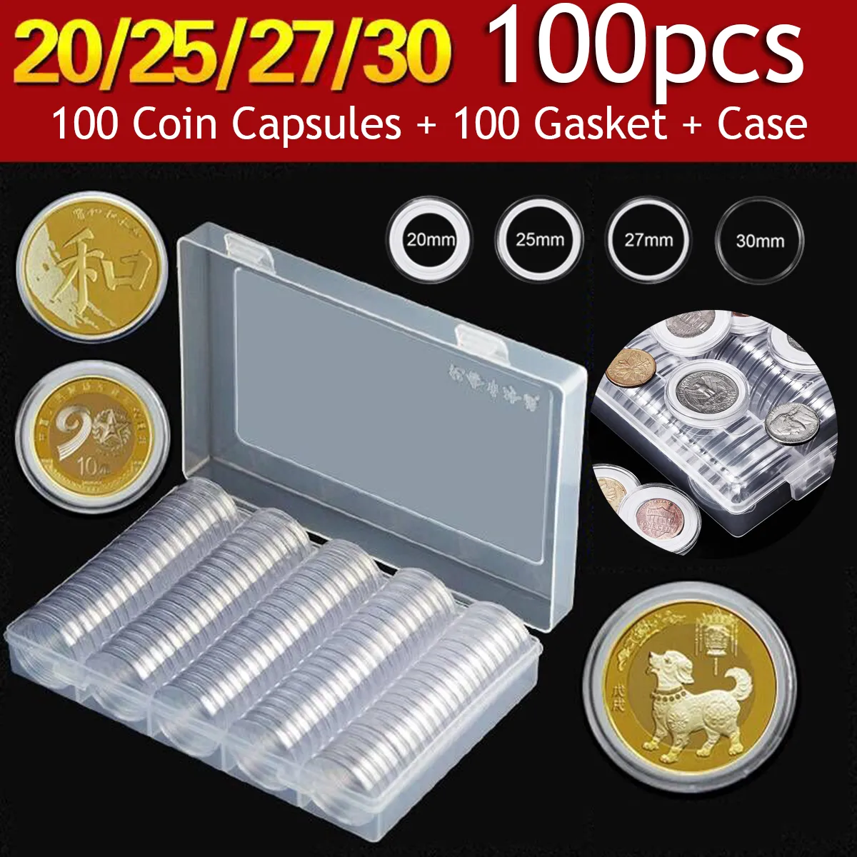 100Pcs/Lot 20/25/27/30mm Clear Plastic Coin Holder Universal Commemorative Coin Shell Collector