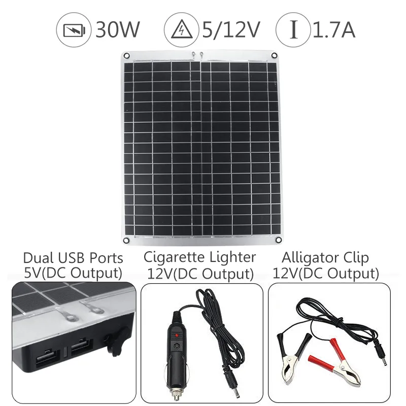 12V/5V 20W Monocrystalline Silicon Solar Panel With Alligator Clip