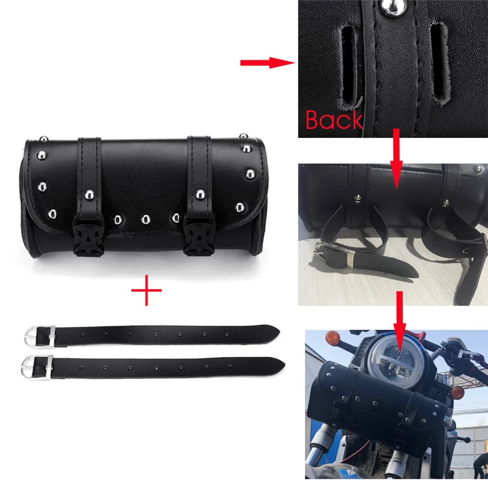 Motorcycle Front Fork Tool Saddlebags Pouch Luggage Black Leather For Harley