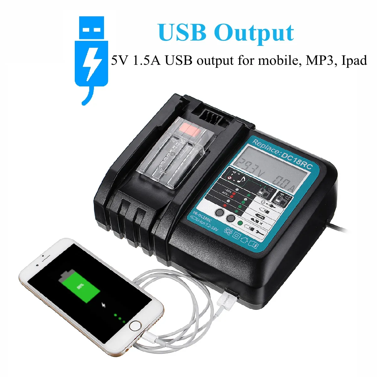 DC18RC Fast Lithium-Ion USB Battery Charger LED Display BL1830 BL1840 BL1850 For 14.4V 18V Mak Battery