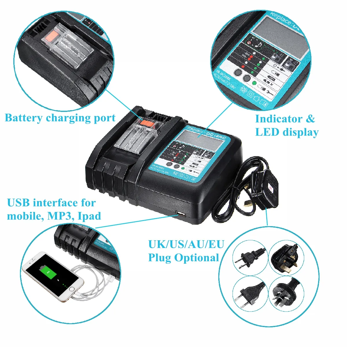 DC18RC Fast Lithium-Ion USB Battery Charger LED Display BL1830 BL1840 BL1850 For 14.4V 18V Mak Battery