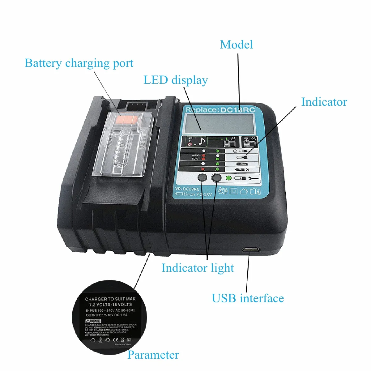 DC18RC Fast Lithium-Ion USB Battery Charger LED Display BL1830 BL1840 BL1850 For 14.4V 18V Mak Battery