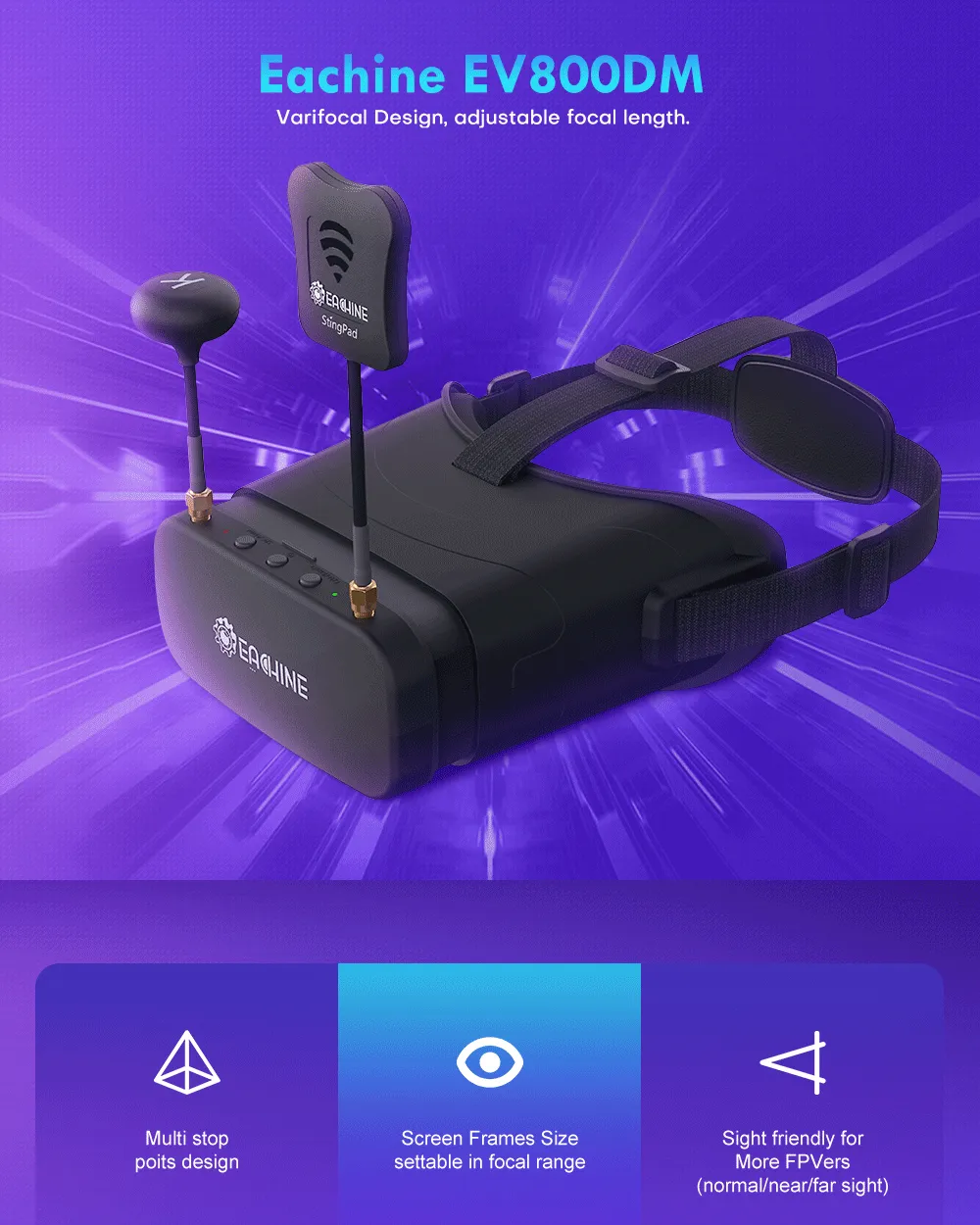 Eachine EV800DM Varifocal 5.8G 40CH Diversity FPV Goggles with HD DVR 3 Inch 900*600 Video Headset Build in 2000mAh Battery Eachine EV800DM Varifocal 5.8G 40CH Diversity FPV Goggles with HD DVR 3 Inch 900*600 Video Headset Build in 2000mAh Battery