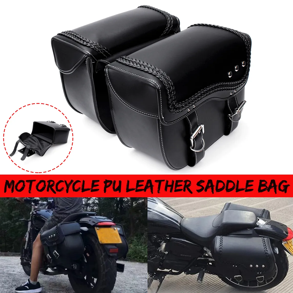PU Leather Motorcycle Saddlebags Side Luggage Pannier Tool Storage Bag