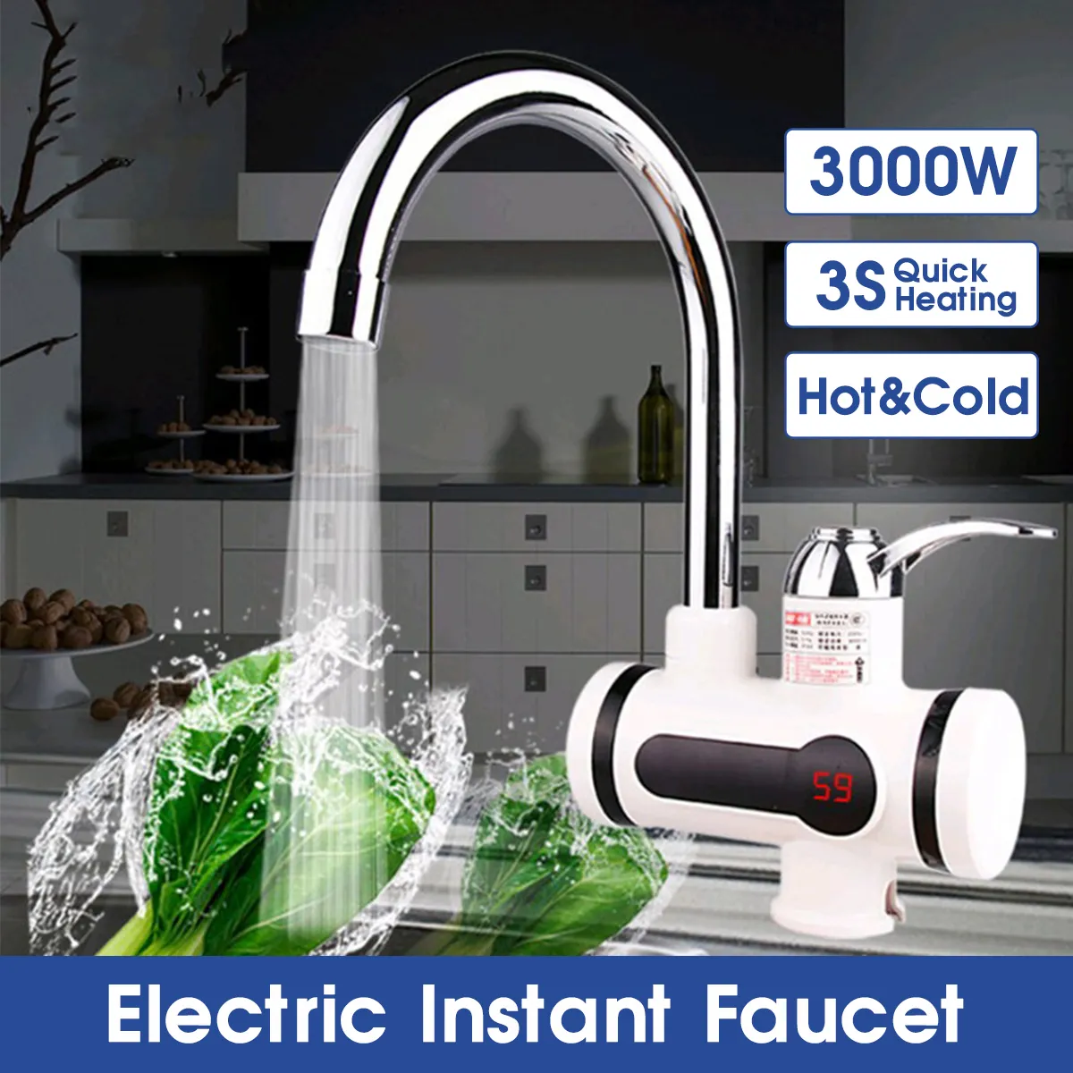 3000W 2 IN 1 Instant Electric Water Heater Faucet Fast Heating LED Display 220V