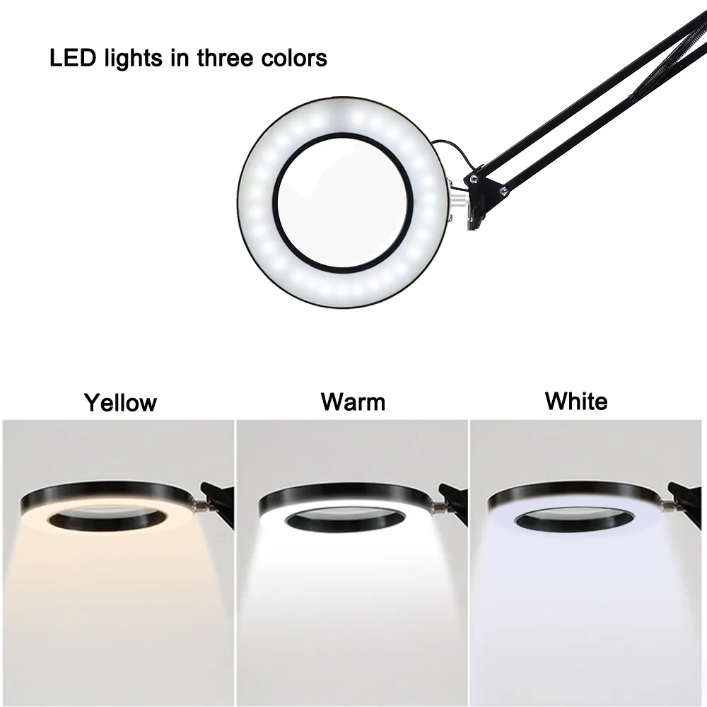 DANIU Flexible Desk Large 5X USB LED Magnifying Glass 33cm+33cm Bracket 3 Colors Illuminated Magnifier Lamp Loupe