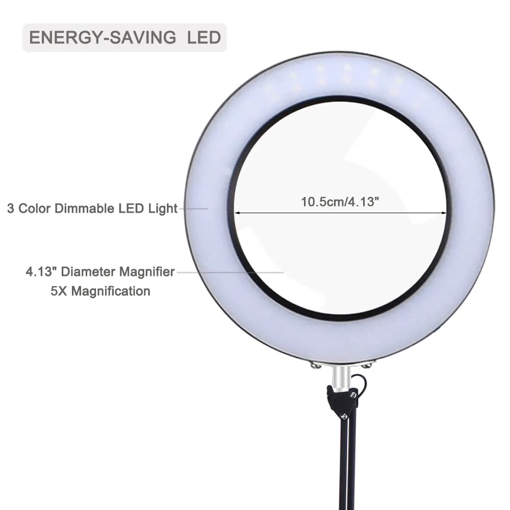 DANIU Flexible Desk Large 5X USB LED Magnifying Glass 33cm+33cm Bracket 3 Colors Illuminated Magnifier Lamp Loupe