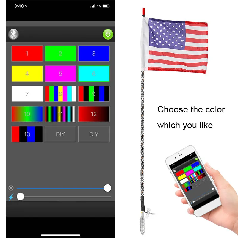 12V 3FT/4FT bluetooth LED Flagpole Light 6000 Colors 200 Modes APP Controll For UTV ATV Moto Accessories
