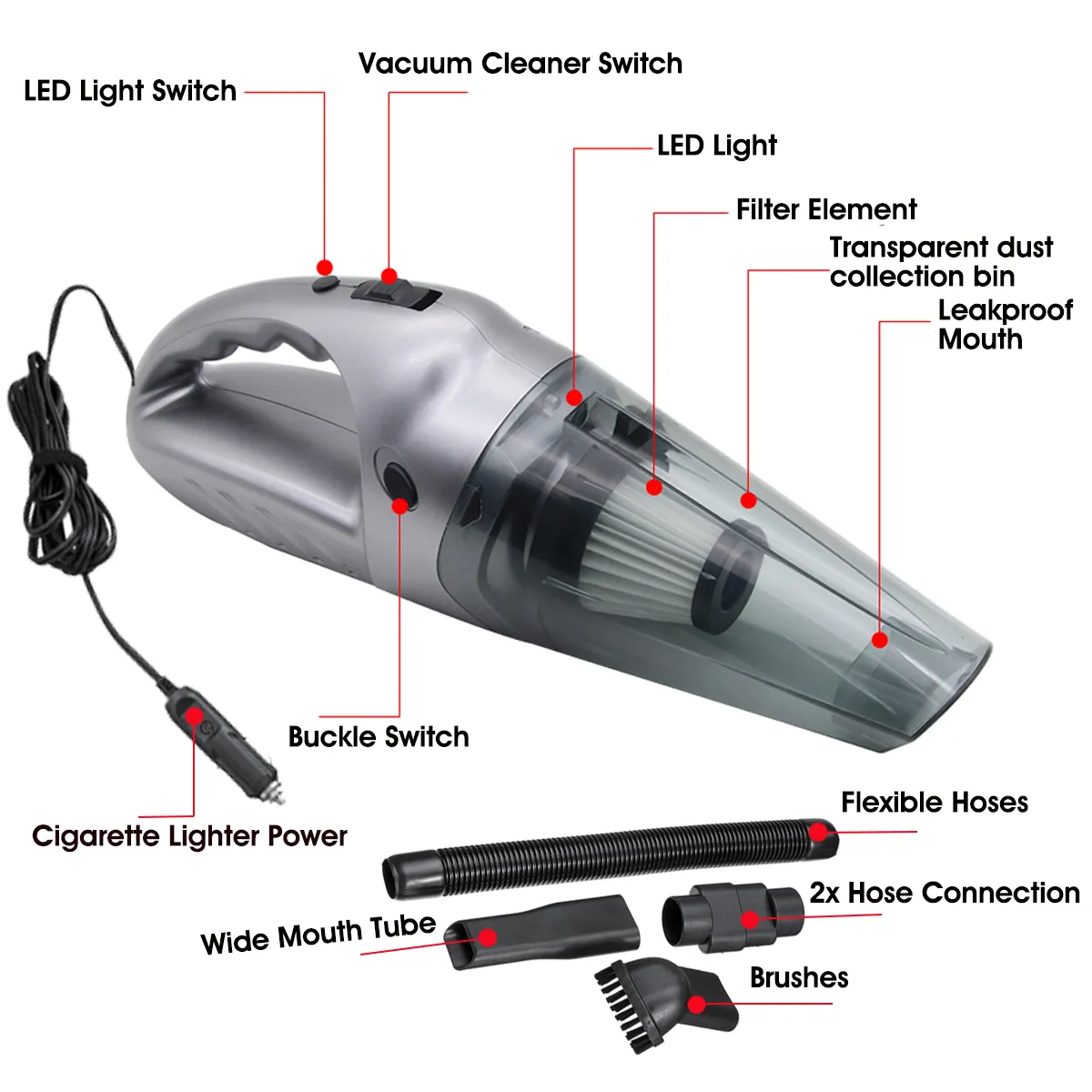 120W Portable Auto Car Handheld Vacuum Cleaner Duster Wet & Dry Dirt Suction with LED Light