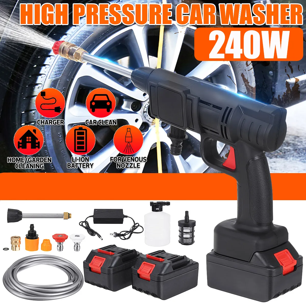 AUTSOME 240W Cordless Pressure Washer Wireless Car Water Pressure Washing Spray