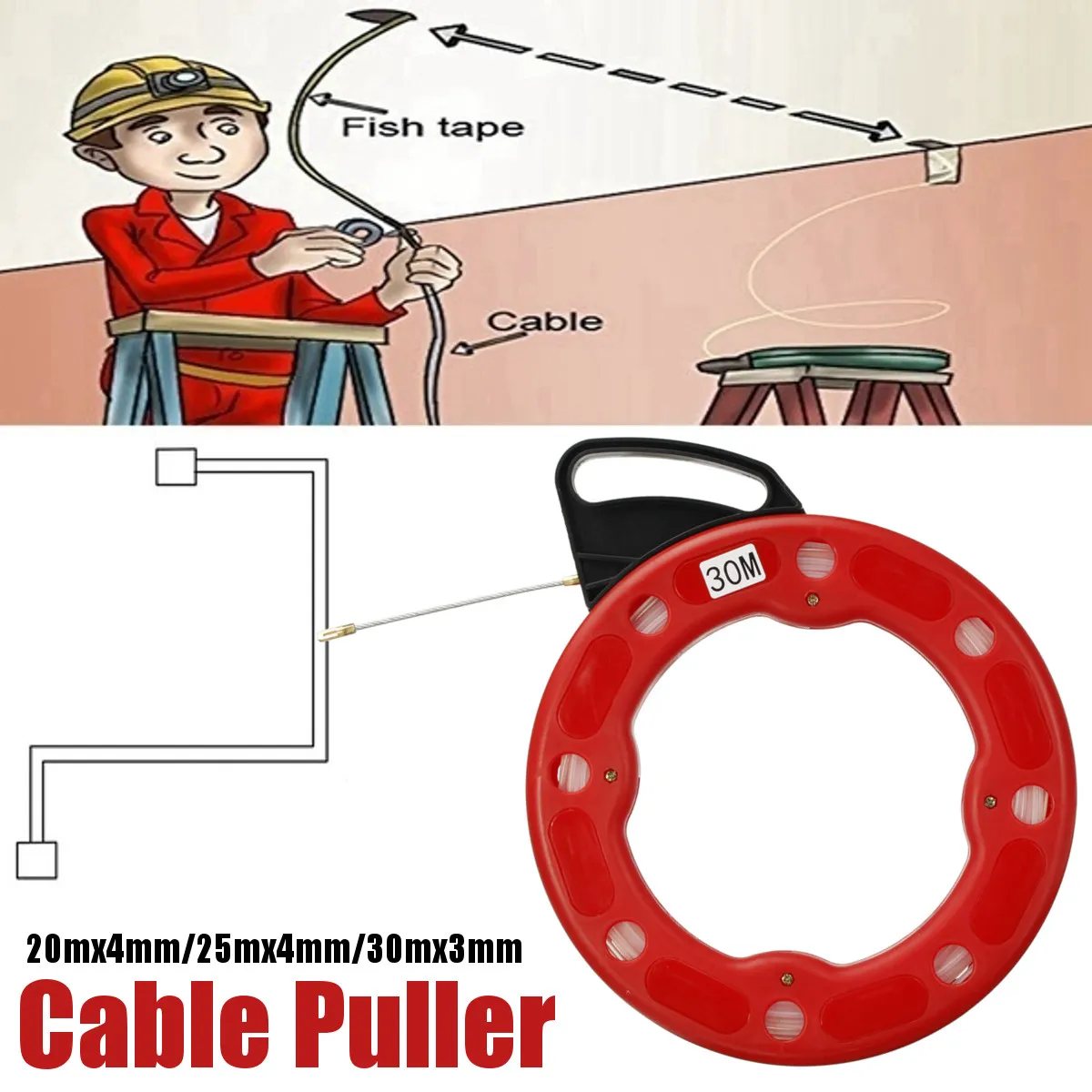 3mm x 30M Fiberglass Wire Cable Fish Snake Tape Puller Duct Conduit Rodder Reel 3mm x 30M Fiberglass Wire Cable Fish Snake Tape Puller Duct Conduit Rodder Reel