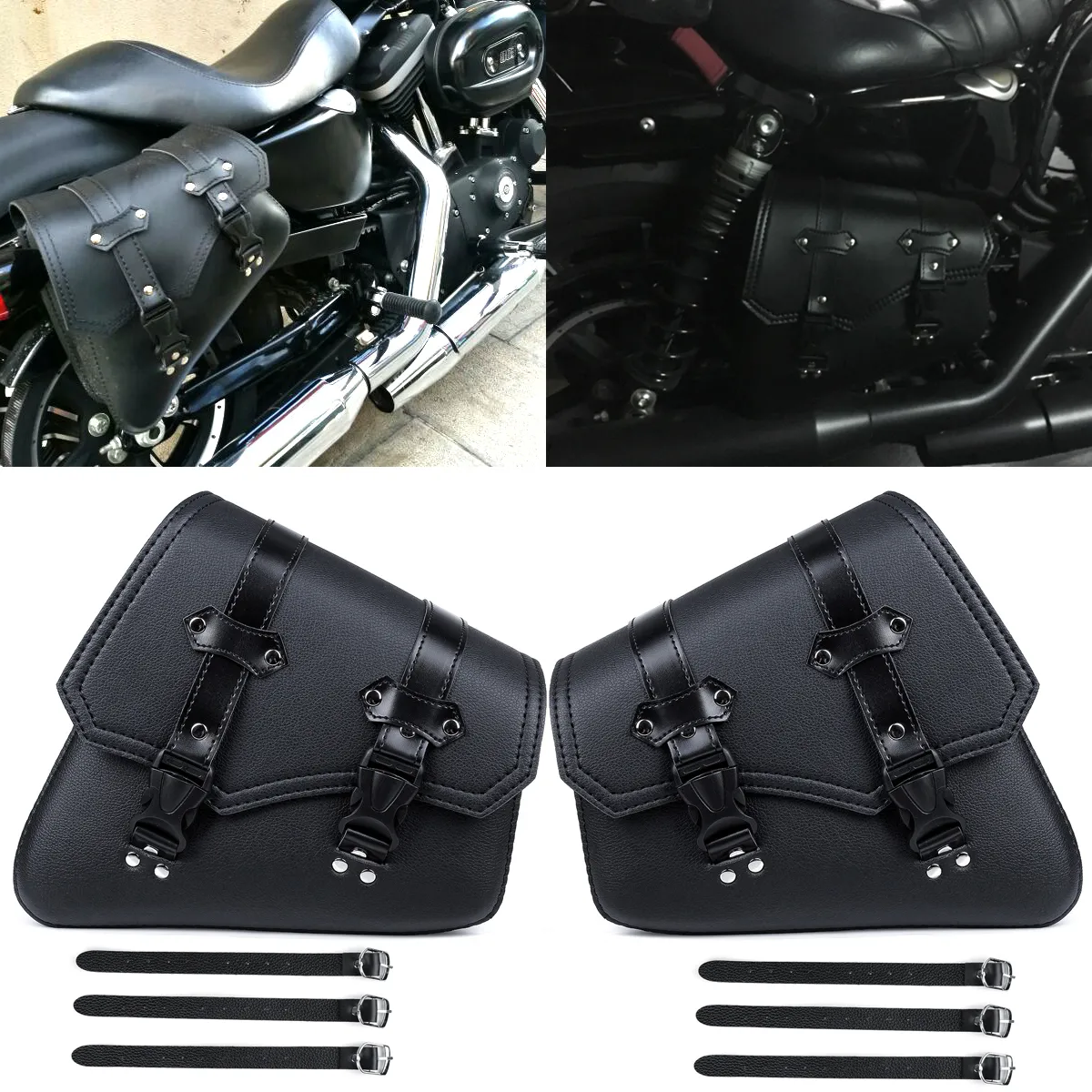 Motorcycle Saddlebags 3 Quick Release Buckle Black PU Leather Waterproof Universal
