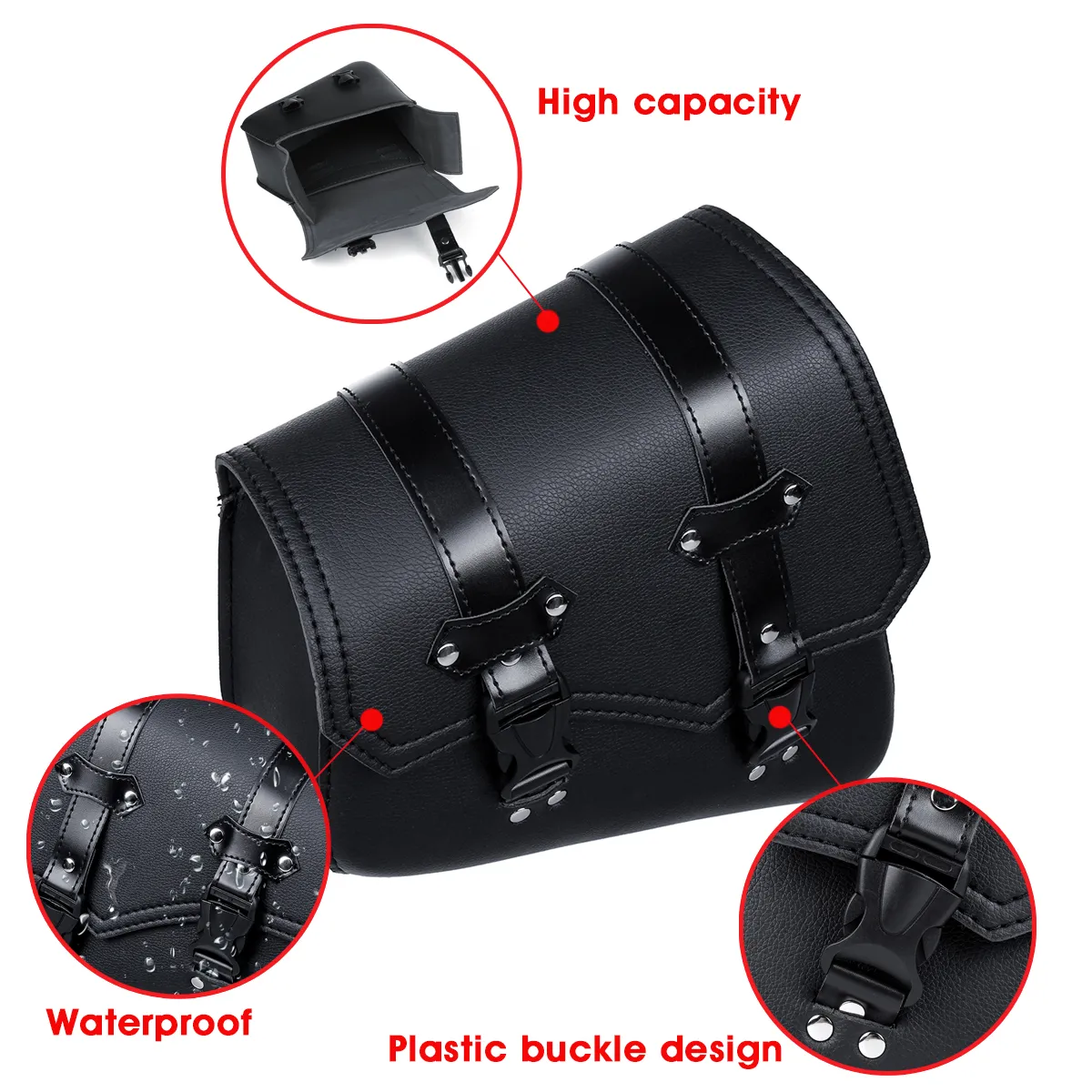 Motorcycle Saddlebags 3 Quick Release Buckle Black PU Leather Waterproof Universal
