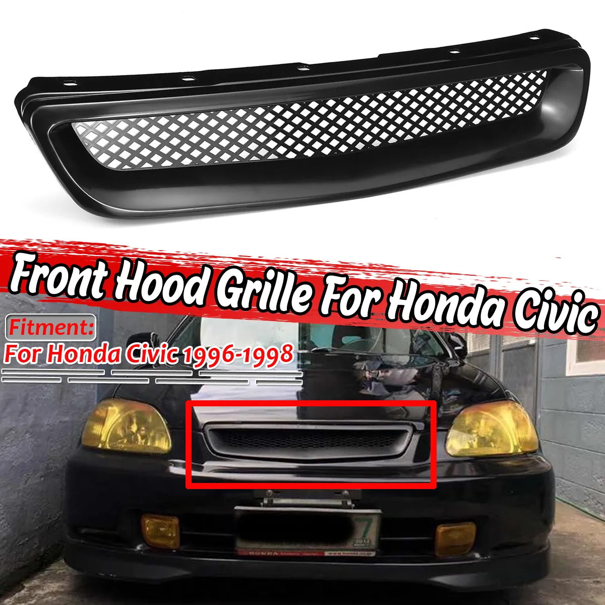 ABS Front Hood Grill Grille For Honda Civic 1996-1998 JDM T-R Style