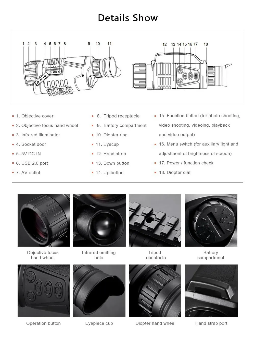 NVI-300 IR Infrared Digital Night Vision Wildlife Observe Hunting Telescope Range 200M Support Taking Photos Recording Replaying