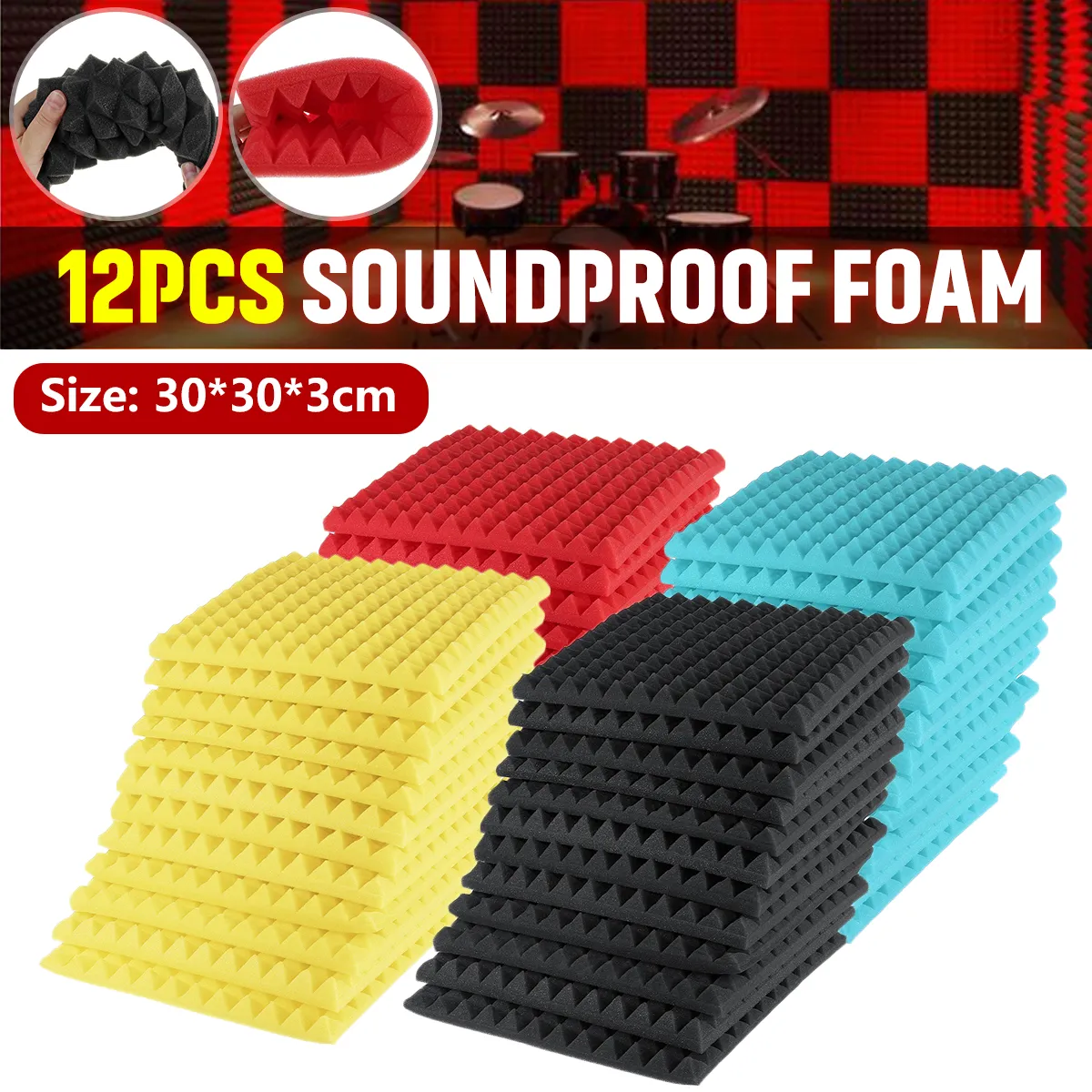 30x30x3cm 12PCS Soundproof Foams Sponge Sound Insulation Studio Wall Panel Tiles