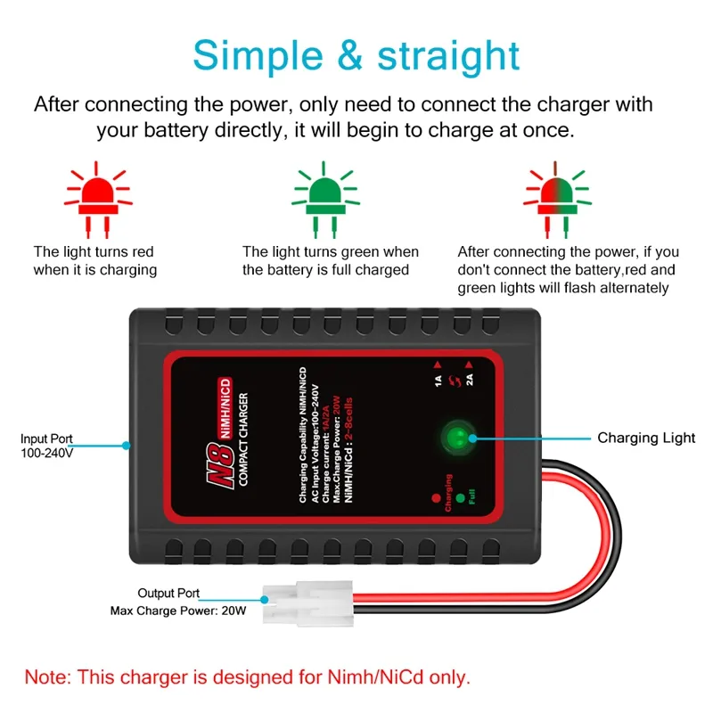 HTRC N8 Battery Charger 20W 2A AC Compact Charger For 2S-8S Nimh/Nicd Battery