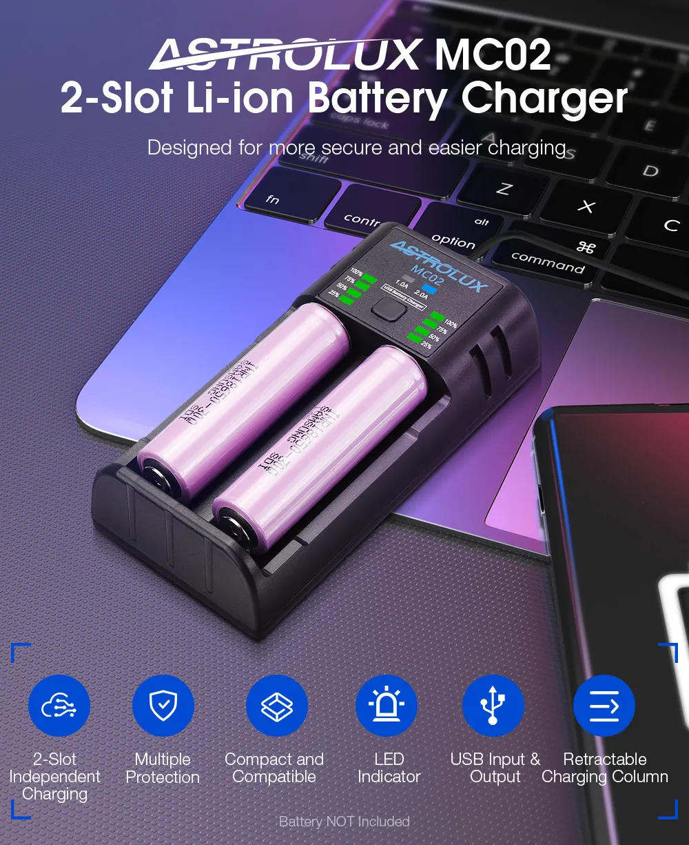Astrolux® MC02 2 in1 USB Charging Mini Battery Charger Portable Mobile Phone Power Bank Current Optional Charger For 18650 21700 26650 Li-ion Battery