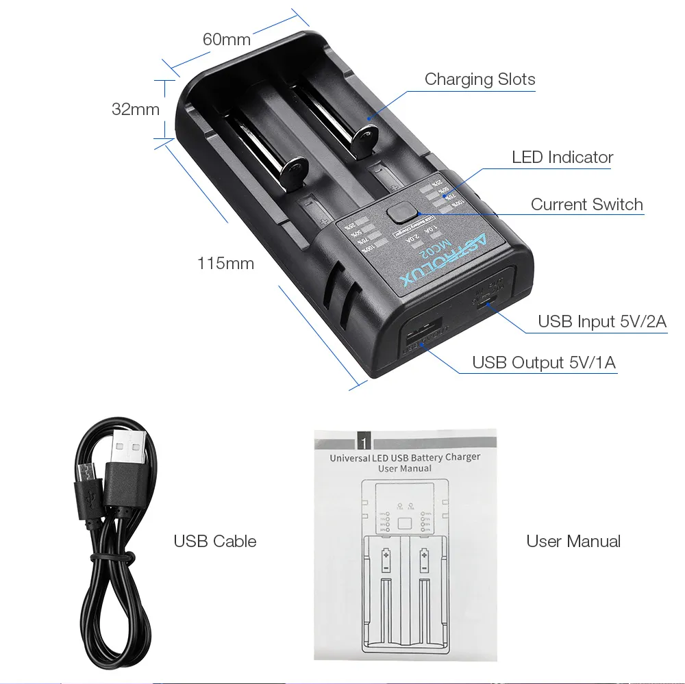 Astrolux® MC02 2 in1 USB Charging Mini Battery Charger Portable Mobile Phone Power Bank Current Optional Charger For 18650 21700 26650 Li-ion Battery