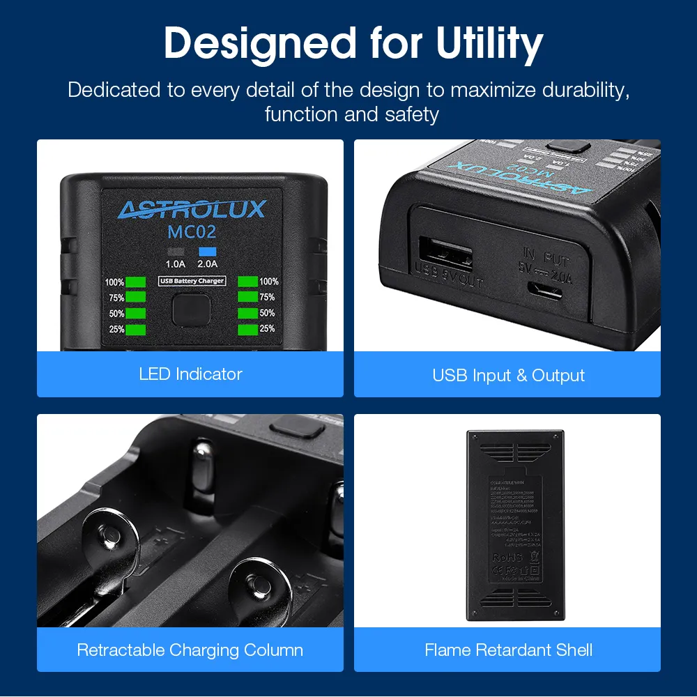Astrolux® MC02 2 in1 USB Charging Mini Battery Charger Portable Mobile Phone Power Bank Current Optional Charger For 18650 21700 26650 Li-ion Battery